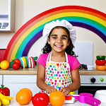 **Image:** A vibrant, colorful children's kitchen playset with toy fruits, vegetables, and utensils in a rainbow of hues. A young Arab girl is smiling as she "cooks" with the toys. Focus on the joy and creativity evoked by the bright colors. Background should be a bright, cheerful room.