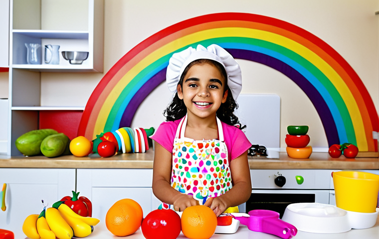 **Image:** A vibrant, colorful children's kitchen playset with toy fruits, vegetables, and utensils in a rainbow of hues. A young Arab girl is smiling as she "cooks" with the toys. Focus on the joy and creativity evoked by the bright colors. Background should be a bright, cheerful room.