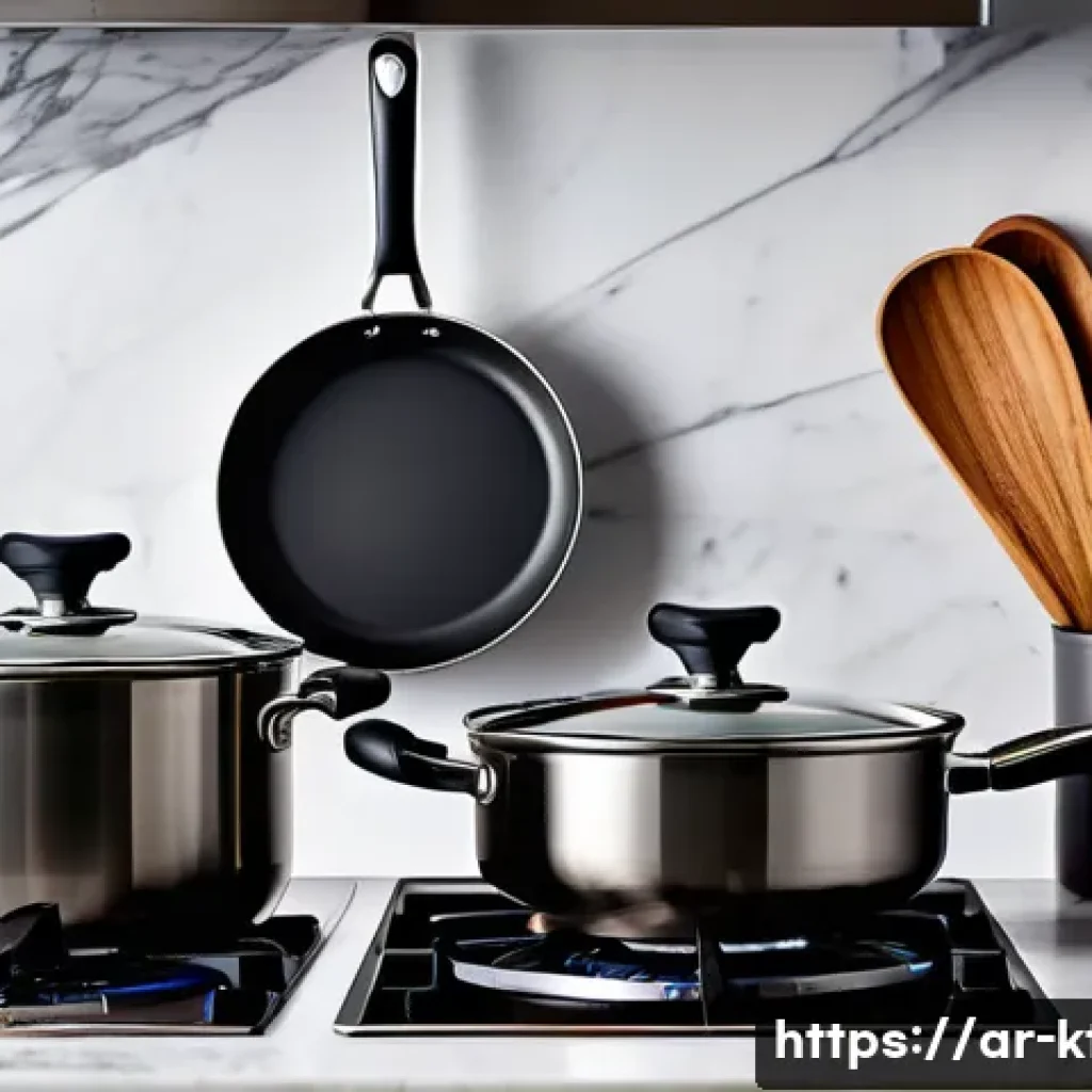 주방완구 가격대 비교 - A high-end kitchen scene featuring stainless steel cookware and utensils with ergonomic, non-slip ha...