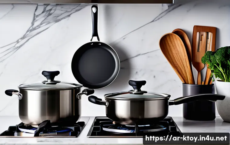 주방완구 가격대 비교 - A high-end kitchen scene featuring stainless steel cookware and utensils with ergonomic, non-slip ha...