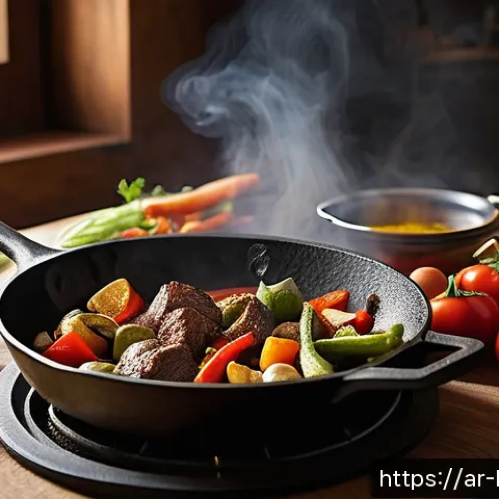 주방완구 소재별 비교 - A traditional Middle Eastern kitchen scene showcasing a cast iron skillet on a rustic stove, frying ...