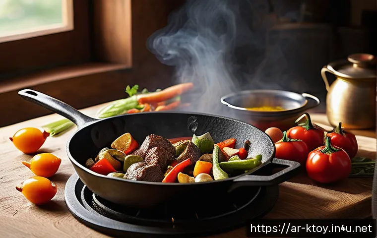 주방완구 소재별 비교 - A traditional Middle Eastern kitchen scene showcasing a cast iron skillet on a rustic stove, frying ...
