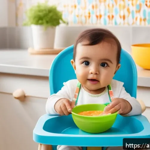 주방완구 연령별 추천 - A colorful kitchen scene featuring a toddler aged 6 to 12 months sitting safely in a high chair wear...