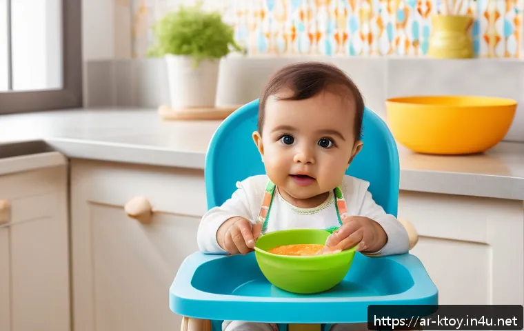 주방완구 연령별 추천 - A colorful kitchen scene featuring a toddler aged 6 to 12 months sitting safely in a high chair wear...