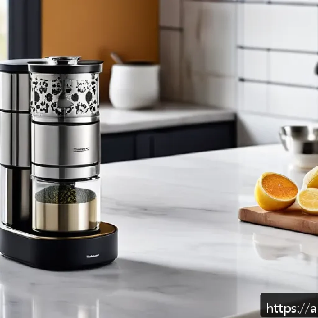 주방완구 조립형 vs 완제품 - A modern Middle Eastern kitchen scene featuring a flexible, modular spice grinder with detachable si...