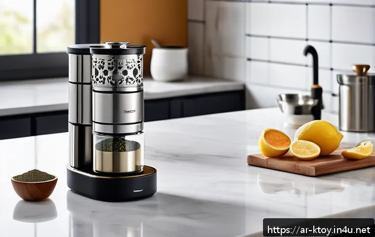 주방완구 조립형 vs 완제품 - A modern Middle Eastern kitchen scene featuring a flexible, modular spice grinder with detachable si...