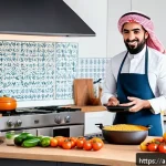 주방완구 인기 유튜버 협업 사례 - A modern Arab kitchen scene showcasing a popular YouTuber demonstrating the use of a smart multifunc...