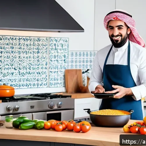 주방완구 인기 유튜버 협업 사례 - A modern Arab kitchen scene showcasing a popular YouTuber demonstrating the use of a smart multifunc...