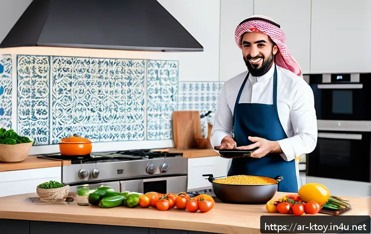 주방완구 인기 유튜버 협업 사례 - A modern Arab kitchen scene showcasing a popular YouTuber demonstrating the use of a smart multifunc...