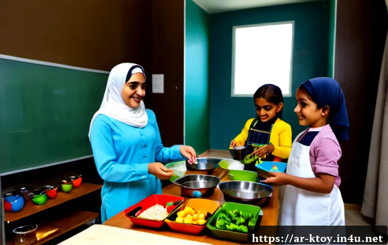 주방완구 아카데미 운영 사례 - Photorealistic children’s cooking-toy academy workshop in a bright modern community classroom, Arab ...