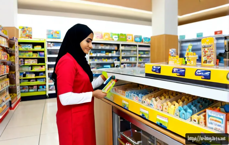 주방완구 AS 정책 - Photorealistic customer service scene in a bright modern toy store in an Arab city, a modestly dress...